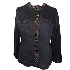 Vintage Bedazzled Black Denim Jean Jacket Sz Petite Medium by Laura Ashley